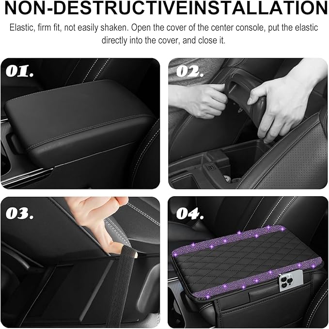 NBTEPEM Bling Car Center Console Cover, Leather Car Arm Rest Cover Cushion with 2 Storage Bags, Universal Auto Armrest Protector Storage Box, Bling Accessories Interior for Most Vehicles (Purple)