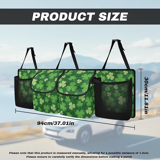 Green Lucky Leaf Car Trunk Organizer, St. Patrick's Day Hanging Seat Back Storage Organizer with Large Pockets, Space-Saving Backseat Car Organizer, Large Capacity Collapsible Bag
