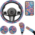 Hippies Car Accessories for Men Women Steering Wheel Cover Blossom Lotus Flower Print Handbrake Gear Cover Armreat Cushion Car Interior Decor Protector Fit for SUV Truck Sedan