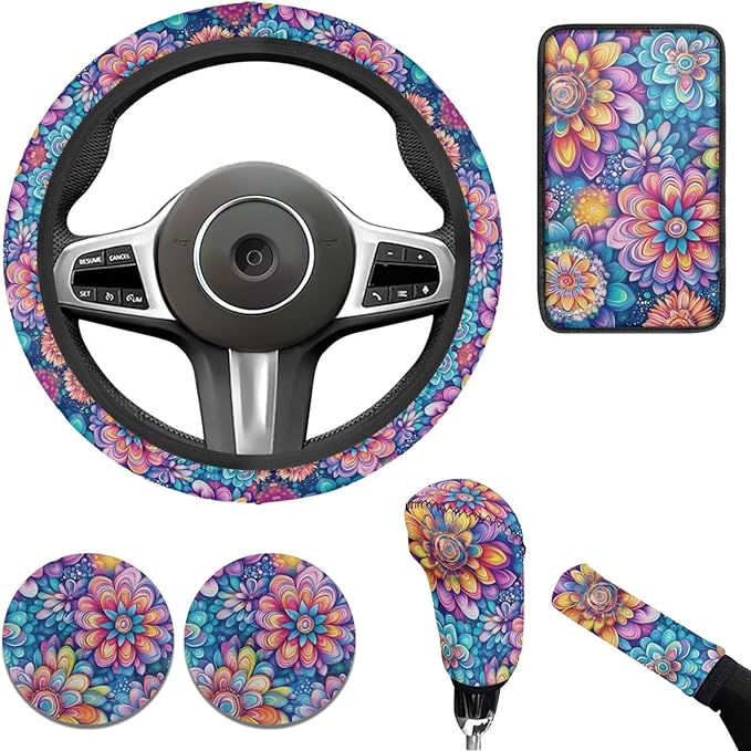 Hippies Car Accessories for Men Women Steering Wheel Cover Blossom Lotus Flower Print Handbrake Gear Cover Armreat Cushion Car Interior Decor Protector Fit for SUV Truck Sedan