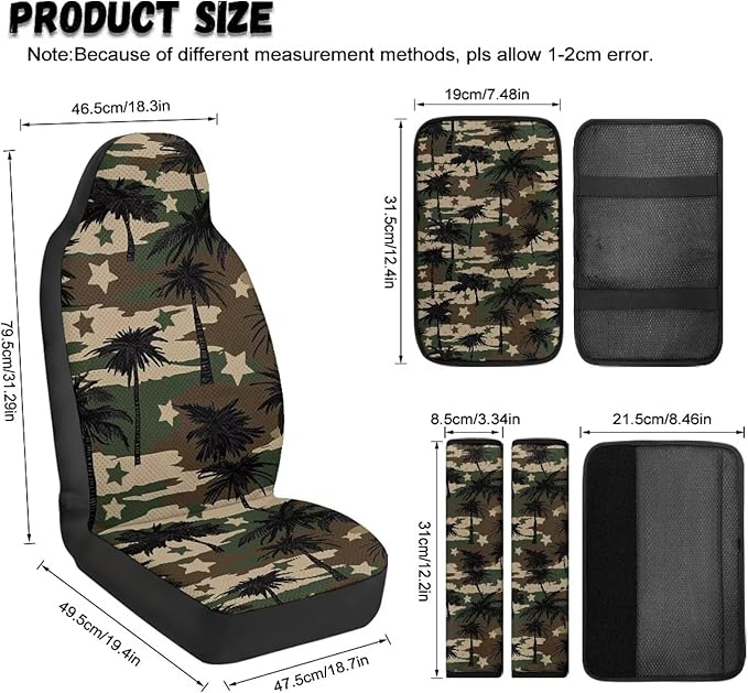FUSURIRE Camouflage Coconut Tree Print Seat Covers for Cars Full Set 5-Pcs, PU Car Accessories Seat Belt Covers Pads + Vehicle Armrest Protector for Women Men Interior Accessories Decor