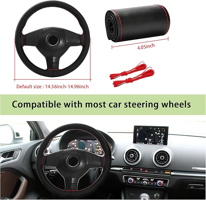 Kewucn Genuine Leather Steering Wheel Cover, 15" Universal Car Steering Wheel Protector with Needle Thread, Breathable Anti-Slip Steering Wheel Cover DIY Stitch on Wrap (Black & Red, Glossy)