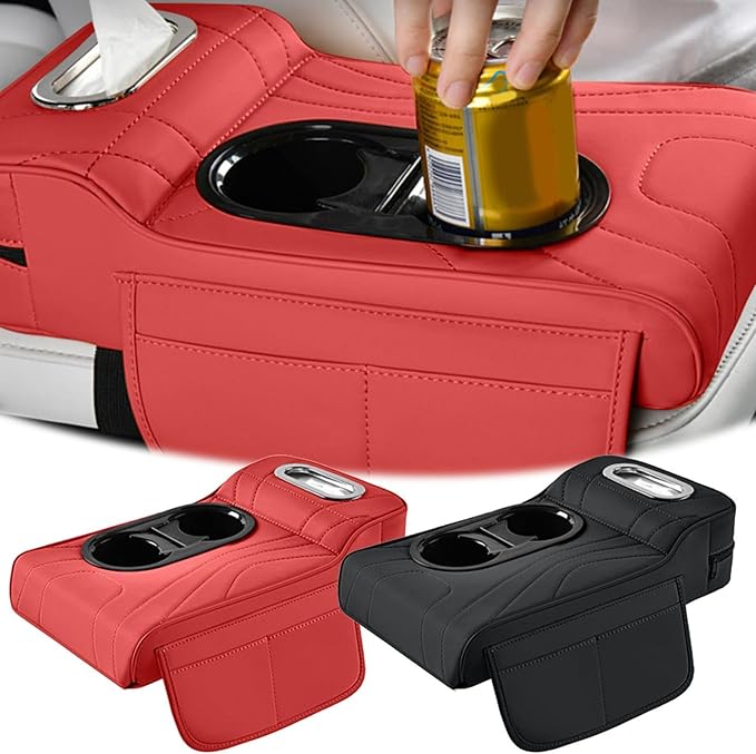 Car Armrest Box Mat, 5-in-1 Center Console Cover Cushion with Cup Holder Tissue Slot, Universal PU Leather Car Box Pad for Sedans Car Accessories Interior Organizers (Multi B02)