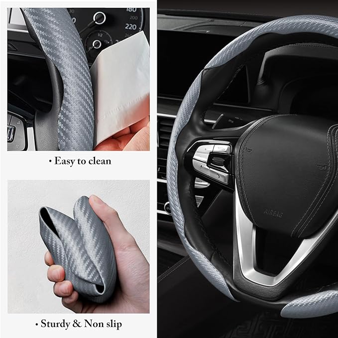 Carbon Fiber Steering Wheel Cover Anti-Slip Wrap Snap on Car Steering Wheel Accessories Grip 15 inch Universal 3pc Matte Gray