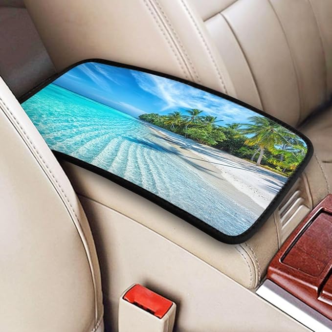 DORKEIXIA Beach Tropical Palm Tree Waves Travel Island Auto Center Console Armrest Pad Universal Car Center Console Cover Seat Box Cover for Sedan, Van, SUV, Truck Car Accessorie