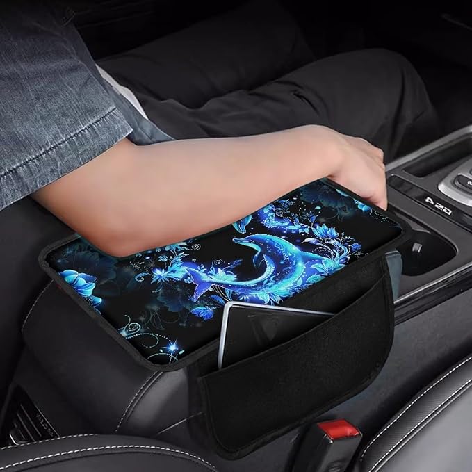 BIGCARJOB Neon Dolphin Car Center Console Cover with Side Storage Auto Interior Accessories Cute Car Armrest Seat Box Cover Cushion Universal Car Armrest Organizer