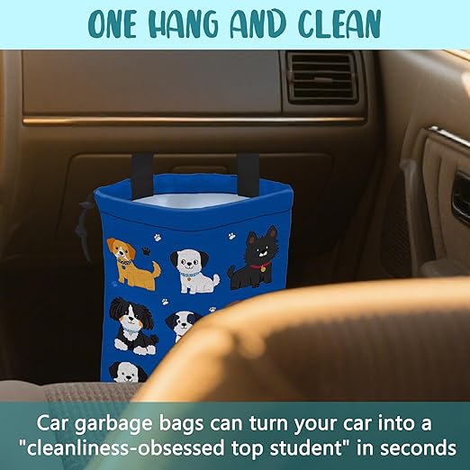 KXWQTRDD Car Garbage Bag Cartoon Dogs and Paw Prints Drawstring Car Trash Bag Hanging for Back Seat with Adjustable Buckle Canvas Vehicle Trash Can Easy-to-Install