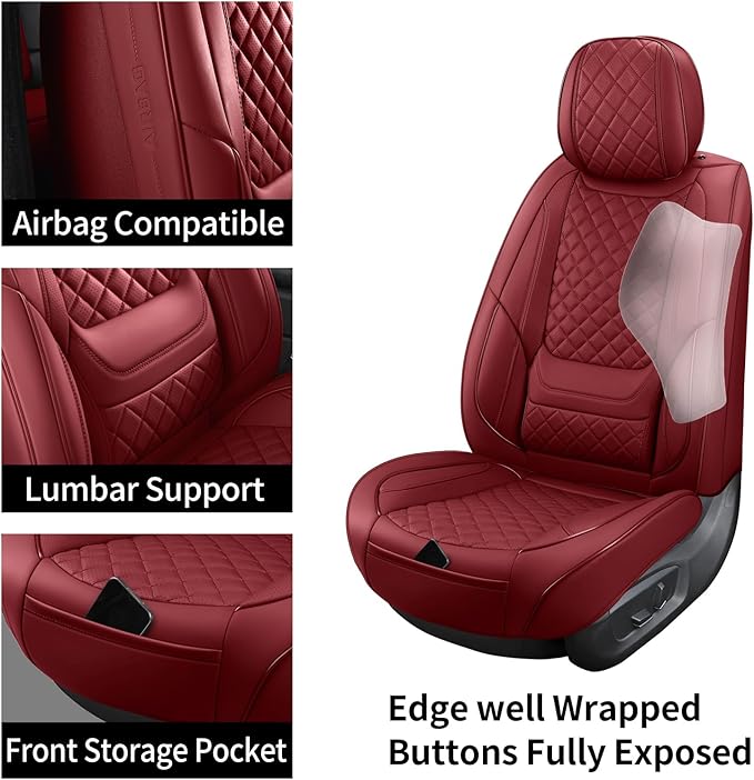 hoozoom Leather Car Seat Covers Full Set Breathable Automotive Seat Covers Waterproof Seat Protectors Universal Fit for Most Automotive Cars SUV Trucks Van(Red, Full Set)