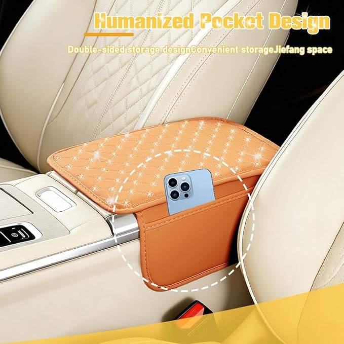 Car Center Console Cover, Leather Vehicle Armrest Storage Box Protector with 2 Storage Bags, Automotive Interior Middle Console Cushion Pad, Universal for SUV Sedan Truck (Yellow)