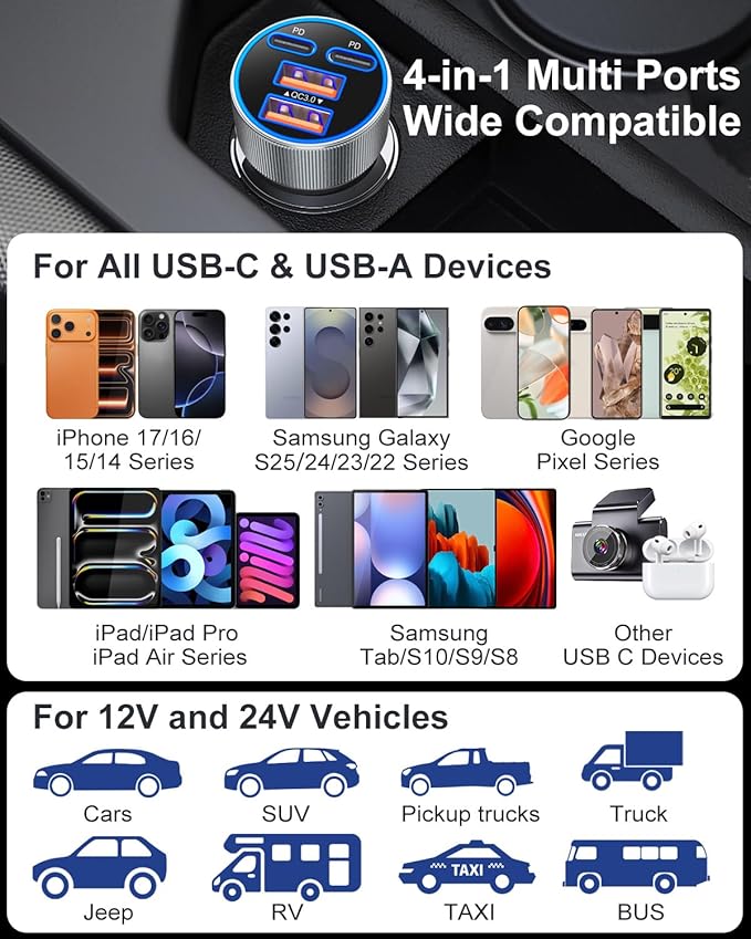Car Charger USB C, 90W Super Fast Charging Cigarette Lighter Adapter Multi Port Dual 45W 12V USB-A & USB-C PD/QC 3.0 Fast Car Phone Charger Plug for iPhone 17 16 15 14 Pad Pro Max Galaxy Android(Gray)