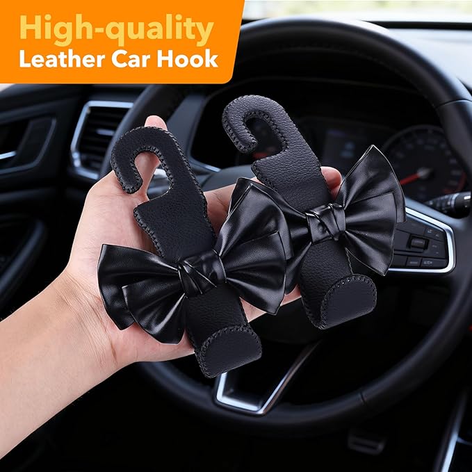 TISOHUGO Car Purse Hook, Cute Bow Hooks for Headrest - Leather U-Shaped Purse Holder for Car, Flexible Seat Back Organizer & Durable Vehicle Accessories for Bags, Coats & More (Black-2 Pack)