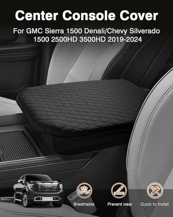 Shademax Custom Fit for Center Console Cover 2019-2024 2025 2026 GMC Sierra 1500/Chevy Silverado 1500 2500HD 3500HD Armrest Cushion Pad Cover PU Leather Sierra Silverado Accessories Anti-Scratch Black