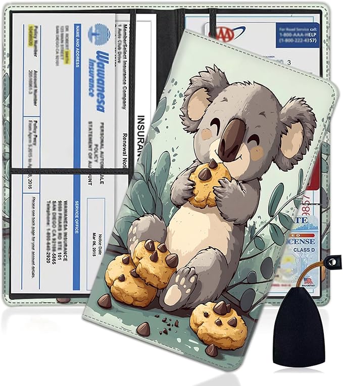 Car Registration Holder, PU Leather Vehicle Glove Box Organizer for Driver License, Document, Car Insurance Holder with Magnetic Shut, Auto Paperwork Wallet Accessories, Cute Koala Eating Biscuits