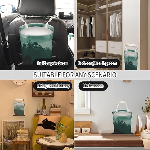 AUEKLLW Car Trash Can, Hanging Garbage Bin for Men and Women, Cute Car Organizer and Storage Bag, Canvas Vehicle Trash Can Bag Easy-to-Install Cute Green Mountain
