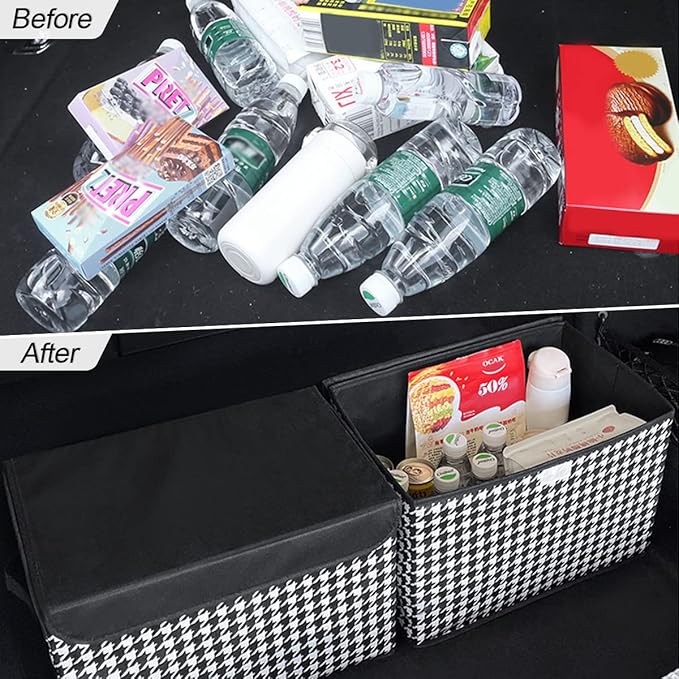 Car Cargo Trunk Storage Box with Lid, Houndstooth Pattern Large Capacity Collapsible Storage Organizer With Cover, Non-slip Bottom Carrying Handles, Fit All Cars (Black/White)
