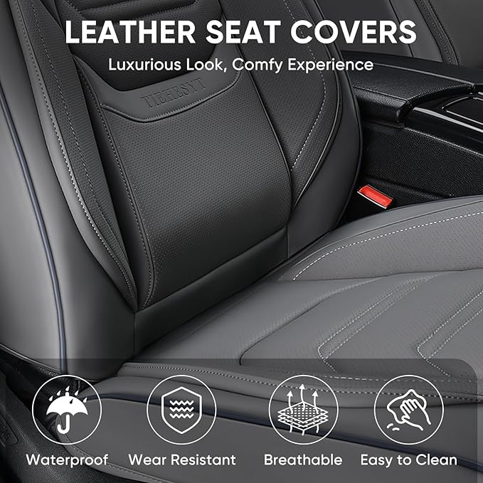 TIEHESYT Leather Seat Covers Front Pair with Lumbar Support & Headrest, Breathable and Waterproof Car Seat Cover, Universal Seat Covers for Cars, Trucks, SUVs, Airbag Compatible, Gray