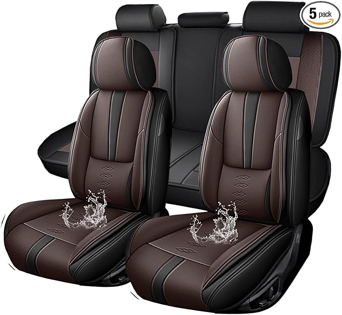 Premium Universal Car Seat Cover, Comfortable Leather Seat Cover for 96% of Models, Waterproof Car Seats Protectors Cushions for 5 Seats(Black+Coffee)