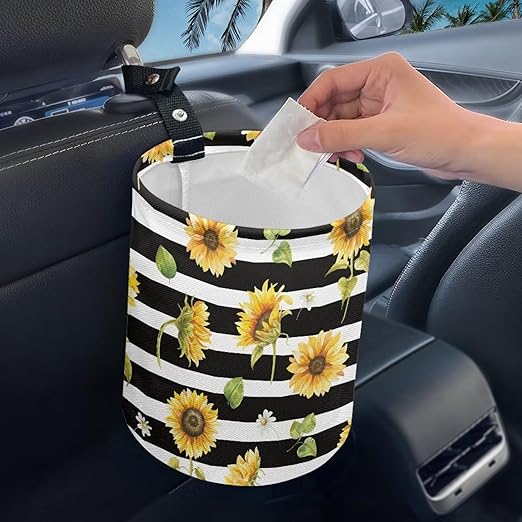 Brosoneto Hanging Portable Car Printed Sunflower Multipurpose Car Accessories Interior Universal Collapsible Back Seat, Front Console, Floor, or Hanging Headrest Waste Basket