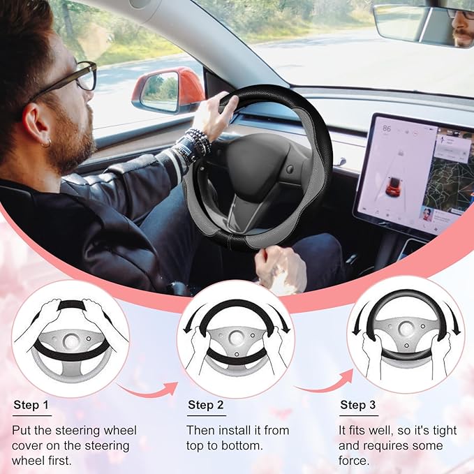 Gray Steering Wheel Cover,Slip-Proof Breathable Comfort PU Imitation Leather Cute Car Accessories for Women Girl, Universal Protector in All Season 15 inch Fit Most Car