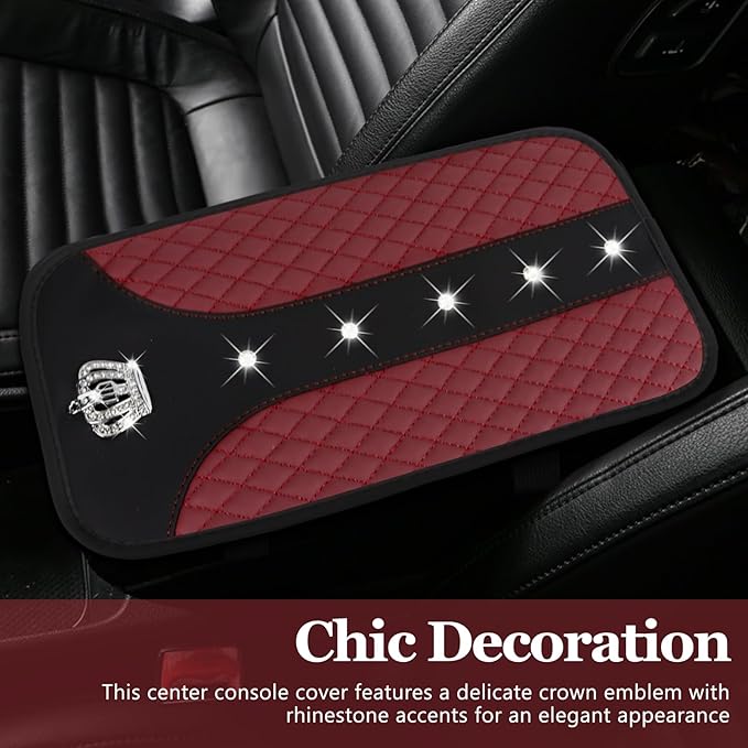 Bling Crown Car Center Console Cover, 12.7"×7.7" Armrest Cover for Cars, Waterproof Leather Arm Rest Box Pad Cushion, Universal Middle Console Cover Protector, Car Accessories (Wine Red)