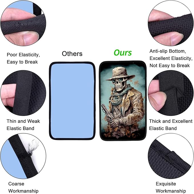 JANENFNA Car Armrest Cover Pads Universal Fashion Cute Auto Center Console Armrest Cover Pad with 2PCS Car Coasters Soft Waterproof Car Armrest Seat Protector for Women,Skull Cowboy with Gun