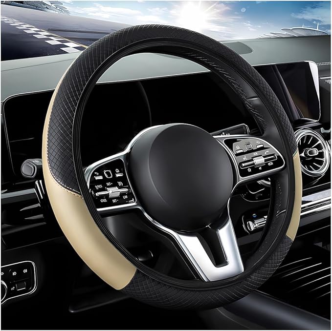 Car Steering Wheel Cover, 15 Inch Carbon Fiber Leather Stitching Color Steering Wheel Protector, Anti-Slip Elastic Breathable Steering Wheel Cover Stylish Decor for Most Cars (Beige, AD)