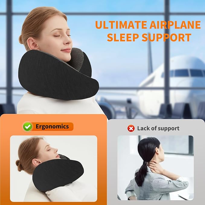 Ziixmile Travel Neck Pillow for Airplane – Memory Foam 360° Support Compact Design Ergonomic Flight Pillow for Sleeping & Neck Support Portable Travel Pillows for Adults, Car, Office Home (Black)