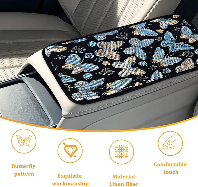 Butterfly Car Center Console Covers, Cute Breathable Scratch & Wear Resistant Vehicle Armrest Cushion Pad, Stylish Automotive Interior Middle Console Protector, Universal Fit