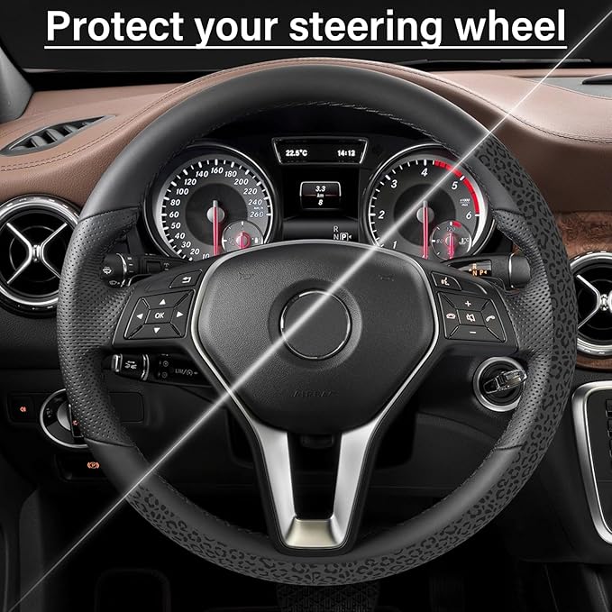 Leopard Print Steering Wheel Cover for Women Men, Anti-Slip Breathable Cute Steering Wheel Protector, Car Accessories Interior, Universal 14" 02/2-15" Fit Auto, Suvs