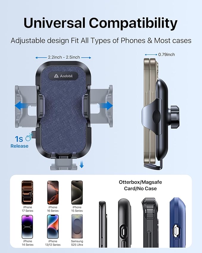 andobil Car Phone Holder, 2026 Military-Grade 89lbs Strongest Suction Phone Holders for Your Car Dashboard/Windshield/Vent Easy Clamp Cellphone Holder Truck Stand for iPhone 17 16 15 Pro Max, Blue