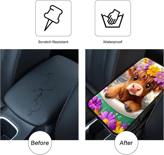 JANENFNA Car Armrest Cover Pads Universal Fashion Cute Auto Center Console Armrest Cover Pad with 2PCS Car Coasters Soft Waterproof Car Armrest Seat Protector for Women,Cow in Flower Bath