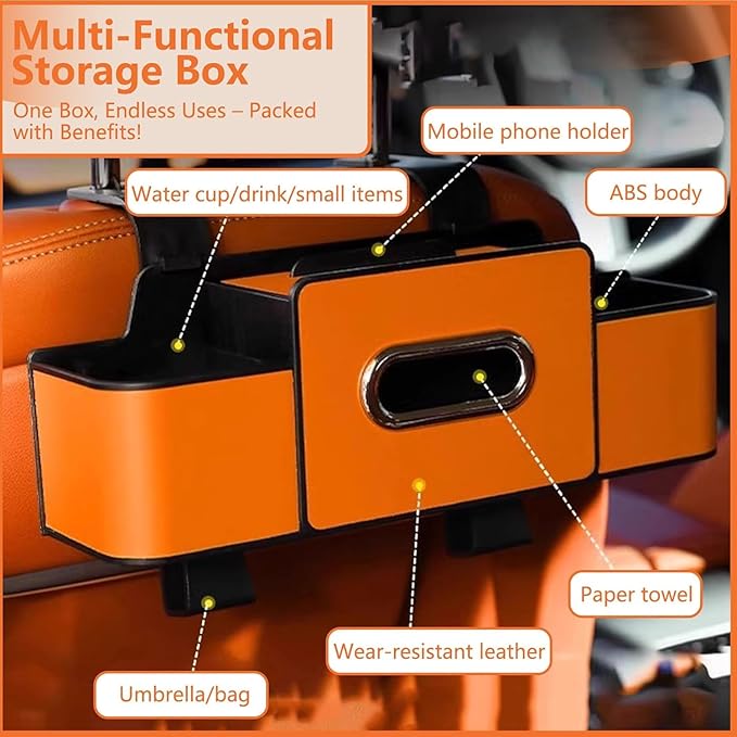 3-in-1 Car Backseat Organizer with Cup Holder, Tissue Box, Trash Bin & Hooks, Car Organizers and Storage Box Behind Seat, for Hold Phones, Snacks, Drinks, and Handbags (Black)
