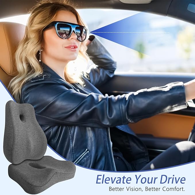 JIPORIER Seat Cushion & Lumbar Support Pillow Set for Office Chair, Ergonomic Pillow for Sciatica Pain Relief, Memory Foam Back Support Pillow & Chair Cushion for Car seat, Desk Chair (Grey)