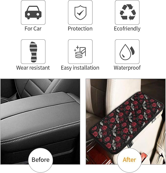 Goth Bat Rose Center Console Cover Pad, Car Armrest Seat Box Cover Cushion Universal for Most Vehicle SUV Truck, Car Interior Accessories Decor, Protect from Pet Claws & Dirt