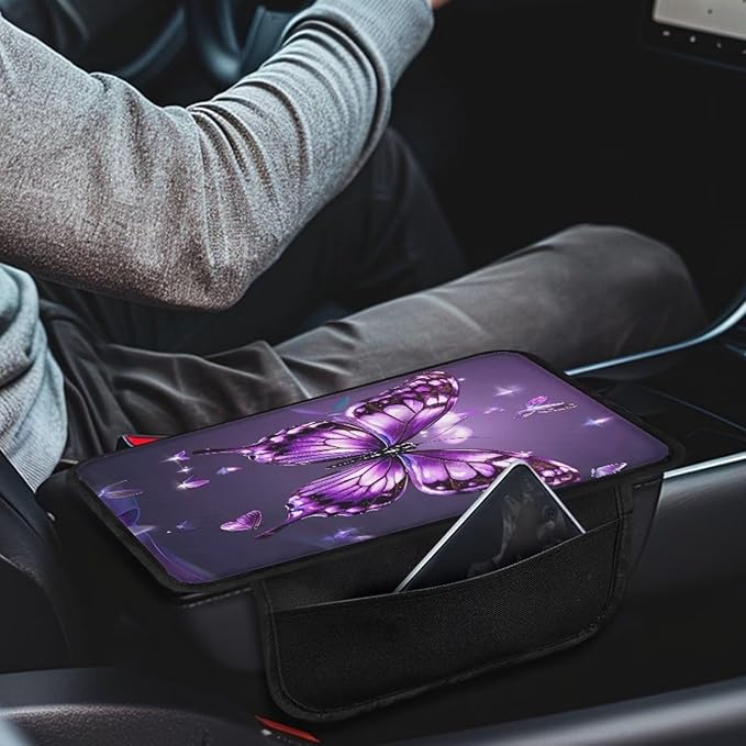 BIGCARJOB Butterfly Printed Car Center Console Cover with Side Storage Cute Auto Armrest Seat Box Cover,Non-Slip Armrest Cover Cushion Purple Butterfly Car Interior Accessories