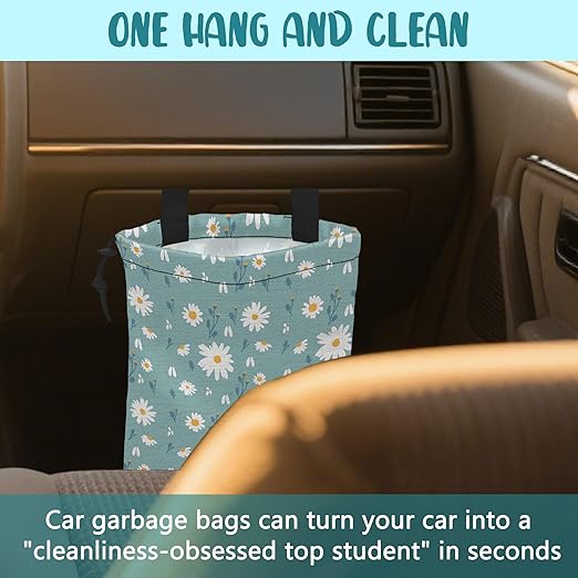 KXWQTRDD Car Garbage Bag Beautiful Blue Blooming Flowers Drawstring Car Trash Bag Hanging for Back Seat with Adjustable Buckle Canvas Vehicle Trash Can Easy-to-Install