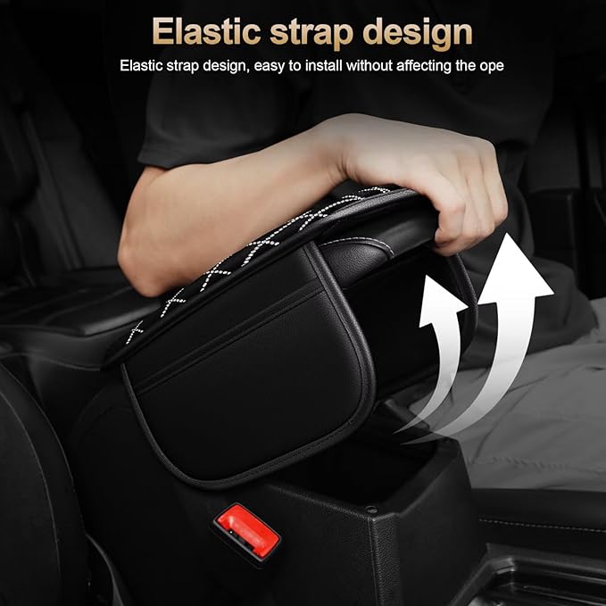 Bling Center Console Cover with 2 Side Pockets Fit for Tacoma Multi-Functional Car Armrest Cushion Diamond-Studded Rhombus Pattern Style(Black&Silver Diamond)