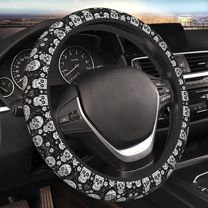 Skull Floral Flower Pattern Car Steering Wheel Cover, 15 Inch Steering Wheel Cover Stylish Decor for Most Cars