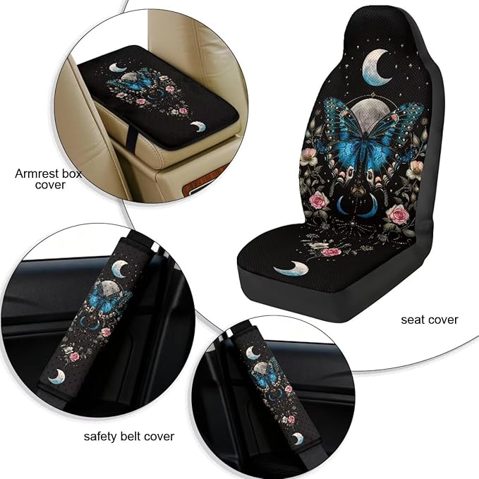 Qeluxign PU Leather Car Seat Cover Butterfly Moon Floral Set of 5 Auto Accessories 2 Front Bucket Seat Covers, 2 Seatbelt Pads & 1 Armrest Cover, Easy to Install