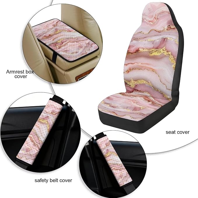Qeluxign Automotive Seat Covers 5 Piece Universal Fit Pink Gold Marble Car Accessories with Soft 2 Pack Seat Belt Cover Pads and Center Console Armrest Covers for SUV Truck Interior Set