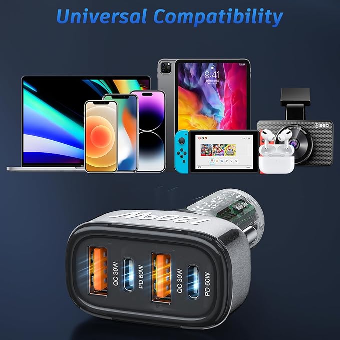 SONRU 4-Port USB C Car Charger, 120W 2*【PD60W+QC30W】 Cigarette Lighter USB Car Charger Adapter, Fast Car Phone Charger for iPhone 17/17 Pro Max/16/15/14 Series, Galaxy S24/23,iPad, Galaxy, Tablet
