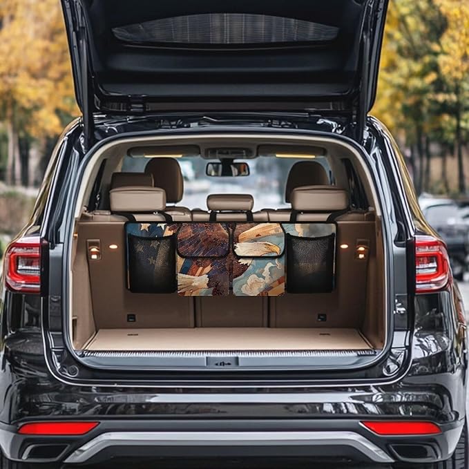 Back Seat Trunk Organizer Hanging Car Organizer Trunk Foldable Cargo Storage with 2 Large Storage Bag & 2 Mesh Pockets& 3 Adjustable Straps 37.01x11.81 inch,American Flag Eagle