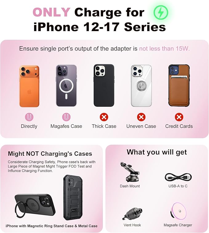 for MagSafe Car Mount Charger Dash/Windshield/Vent Wireless Car Charger with [LED Light], Magnetic Phone Holder for Car for iPhone 17 16 15 14 13 12 Series, Fit MagSafe Accessories (Pink)