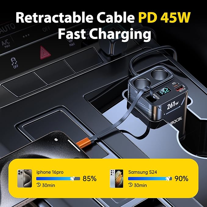 Cigarette Lighter Splitter with Retractable Car Charger, 45W USB C Car Cup 2-Socket Cigarette Lighter Adapter Heavy Duty Truck Car Plug Outlet Splitter Fast Charging 12V/24V Multi Port for Car Devices