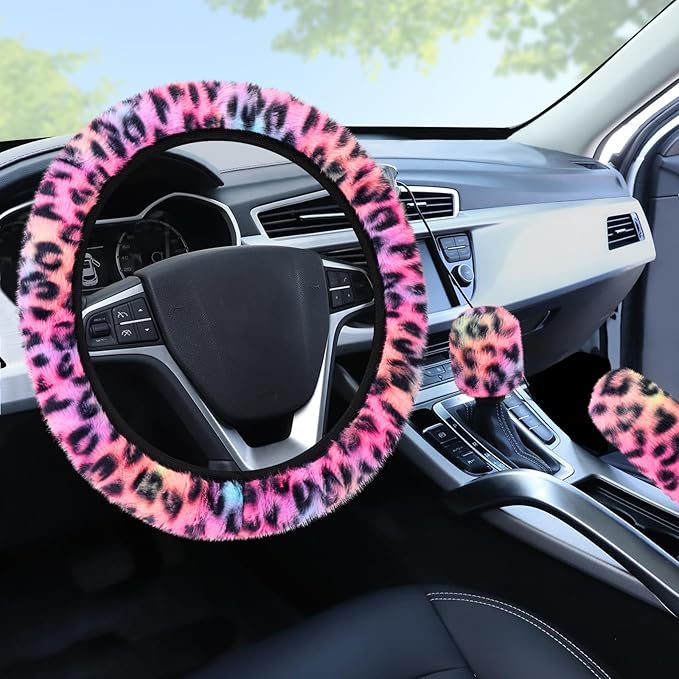 Accmor Fuzzy Car Steering Wheel Cover, Universal Fit Fluffy Auto Wheel Cover & Handbrake Cover & Gear Shift Cover Set, Leopard Print, Car Steering Wheel Cover Protector for Women Girls (Colorful)