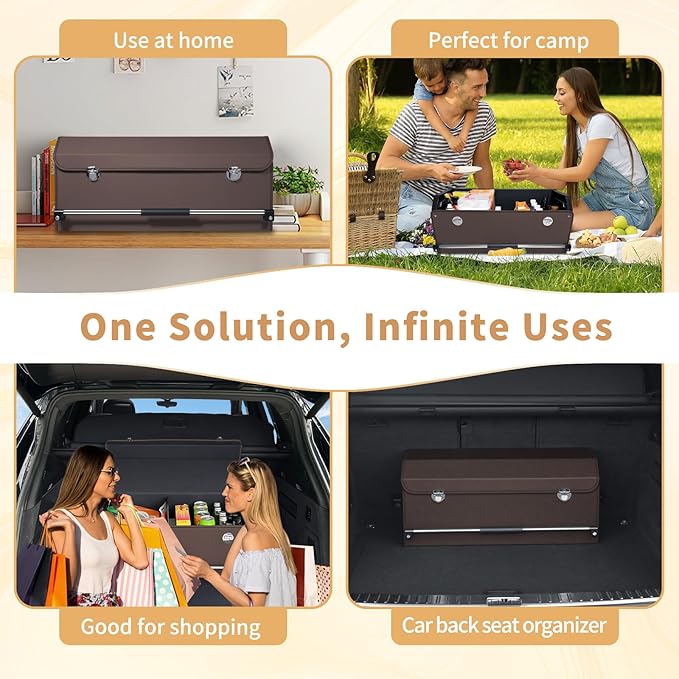 XCF Car Trunk Organizer for SUV Car Trunk Storage Organizer with Lid and Sturdy Handle Collapsible Trunk Organizer for Truck, Sedan, Van (Brown, 27.1 x 11.4 x 12.2in)