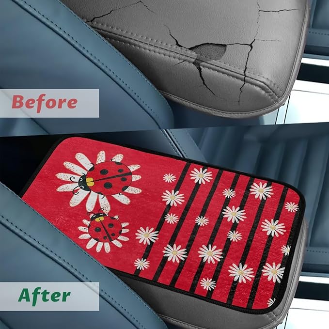 CLOHOMIN Ladybug Car Arm Rest Cover Pad Daisy Auto Armrest Pads Flannel Console Cover for Most Sedans Trucks SUVs Interior Accessories Car Armrest Cushion, Red