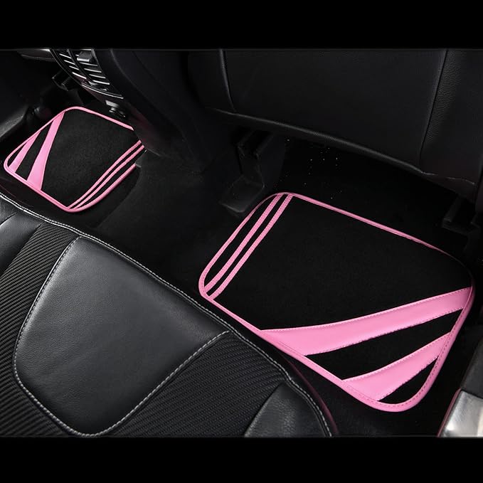 CAR PASS Pink Edge Faux Leather Car Floor Mats Universal Car Carpet Mats with Double Stitch Line Anti-Slip Backing Design, for Cute Girly Women, Fit 95% Automotive,SUVs,Sedan,Vans (Black and Pink)