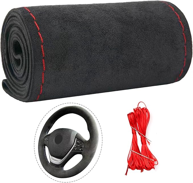 Suede Leather Steering Wheel Cover Wrap Kit - DIY Stitch-On for 18-19" Wheels, Superior Sweat Absorption & Non-Slip Grip, Comfortable & Durable Year-Round Upgrade