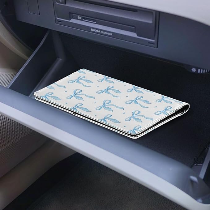 JUZIHAI Blue Ribbon Bow Car Registration and Insurance Holder Glove Box Organizer Leather Vehicle Essential Document Card Wallet Accessories Case